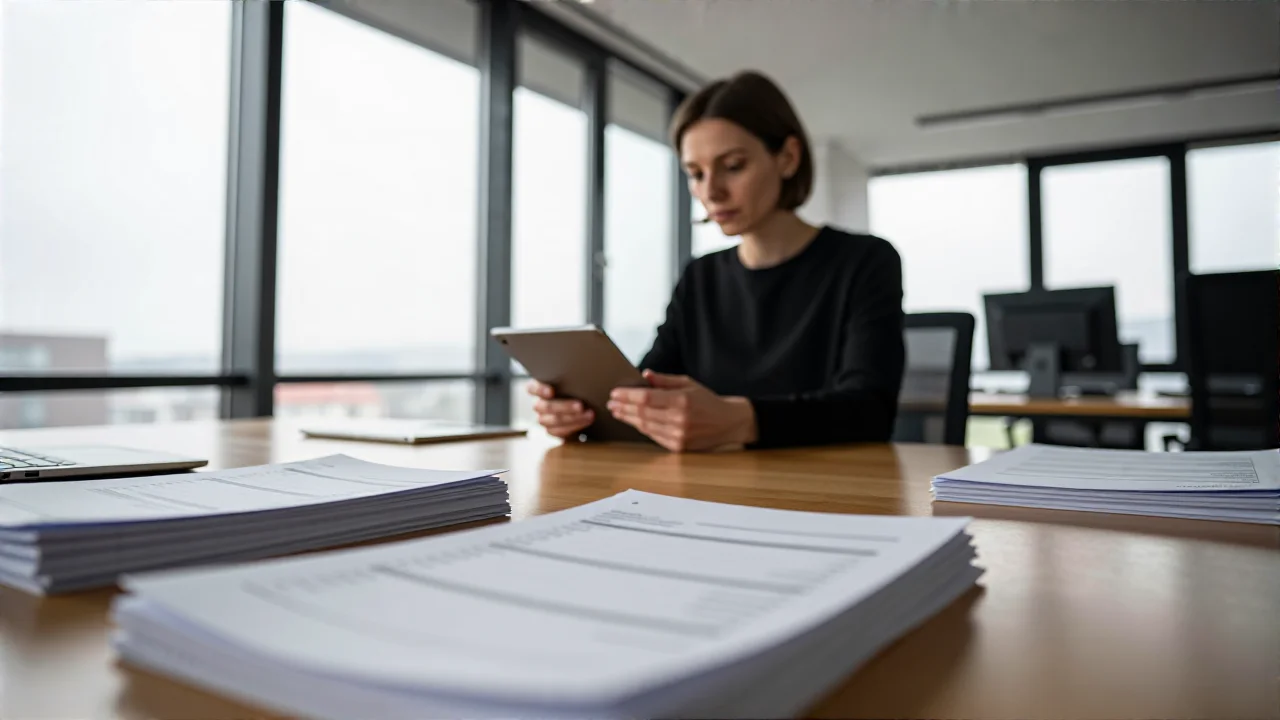 Minimalistische Schweizer Büro mit Buchhalterin und Dokumenten