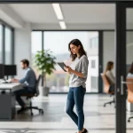 Minimalist Schweizer Büro mit junger Frau und Morgenlicht
