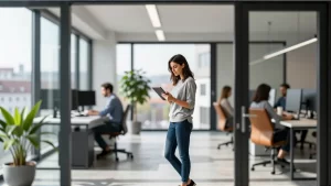 Minimalist Schweizer Büro mit junger Frau und Morgenlicht