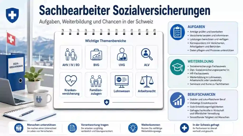 Sachbearbeiter Sozialversicherungen Aufgaben Weiterbildung Berufschancen Schweiz Infografik
