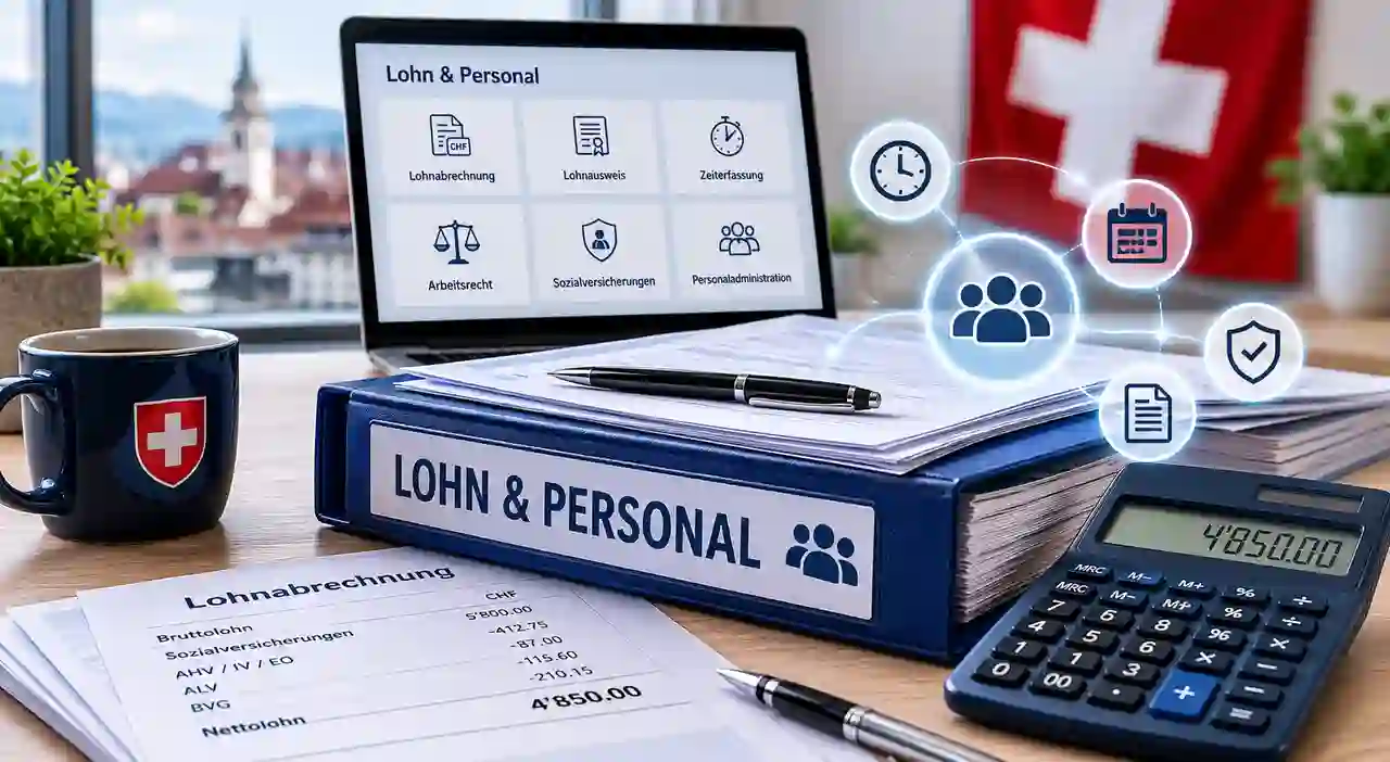 Infografik zu KMU Personal in der Schweiz mit den Bereichen Rekrutierung, Personaladministration und Mitarbeiterbindung für kleine und mittlere Unternehmen.