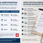Infografik zur Kündigung des Arbeitsvertrags in der Schweiz 2026 mit gesetzlichen Kündigungsfristen, wichtigen Fristen nach Dienstjahr und Schritt-für-Schritt-Anleitung für ein korrektes Kündigungsschreiben.