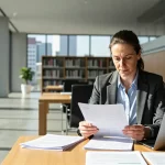 Realistische Frau arbeitet im lichtvollen Modern-Büro