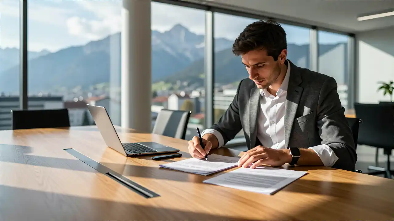 Geschäftsmann arbeitet im Büro mit Alpenpanorama