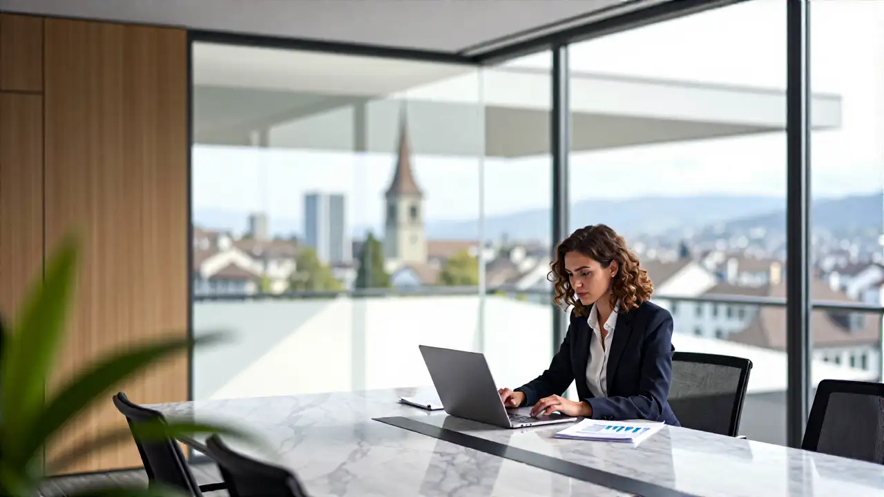 Minimalist Swiss Office mit Zürich Skyline und Geschäftsmann