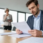 Professioneller Mann prüft Dokumente in modernem Büro