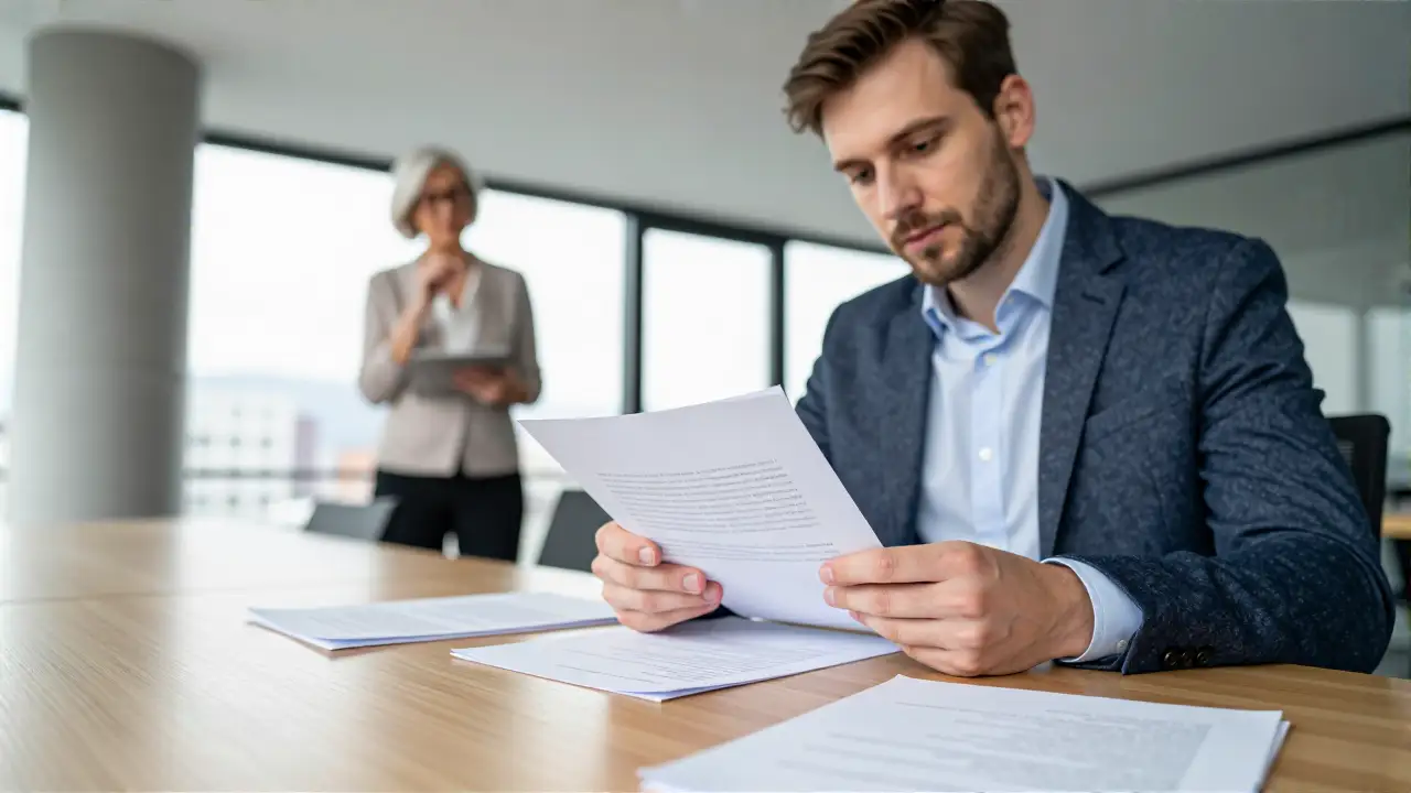 Professioneller Mann prüft Dokumente in modernem Büro