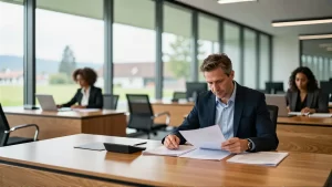 Geschäftsmann arbeitet realistisch in modernem Schweizer Büro