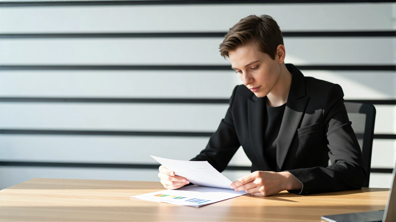 Minimalist Schweizer Büro mit Finanzanalyse im Tageslicht