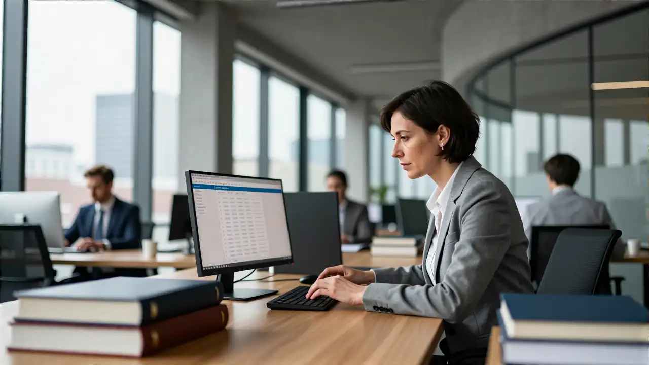 Minimalistisches Büro mit fokussiertem Finanzberater im Licht