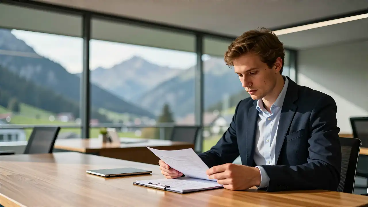 Schweizer Büro mit Alpental und Finanzberater