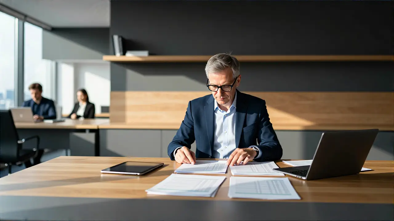 Minimalist Büro mit Schweizer Mann und Finanzunterlagen