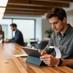 Geschäftsmann analysiert Tablet im eleganten Restaurantbüro