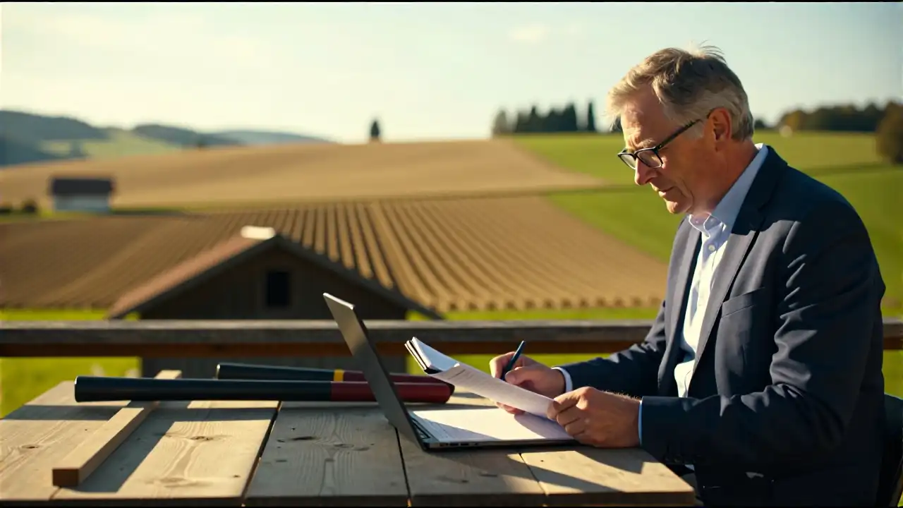 Landwirtschaftsberater in goldener Schweizer Landschaft arbeitet