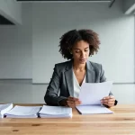 Minimalist Büro mit Frau bei Finanzunterlagen
