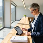 Businessfrau arbeitet mit Blick auf die Alpen