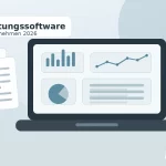 Digitale Buchhaltungssoftware für Kleinunternehmen mit Laptop, Rechnungen, Belegen und Finanzdashboard