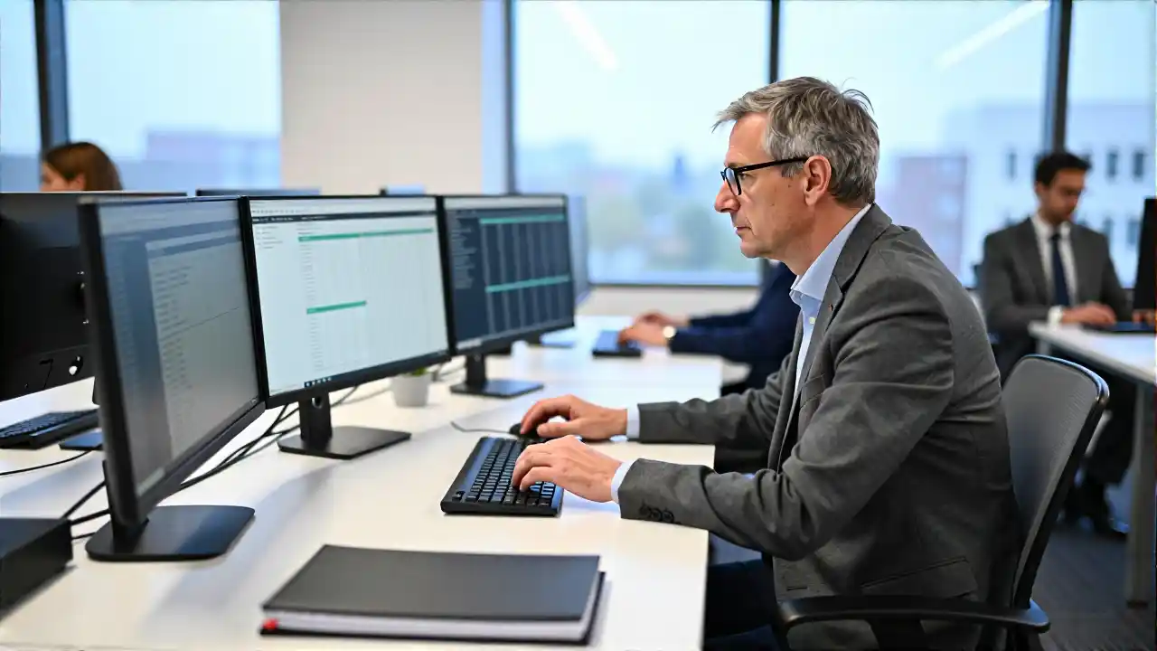 Realistischer Berater analysiert komplexe Daten im modernen Büro