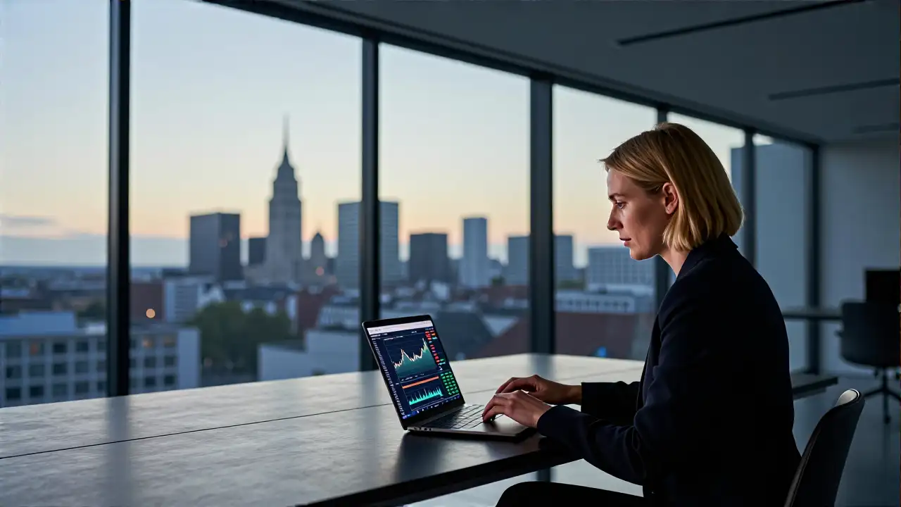 Minimalistisches Büro, fokussierter Profi vor europäischer Skyline bei Dämmerung
