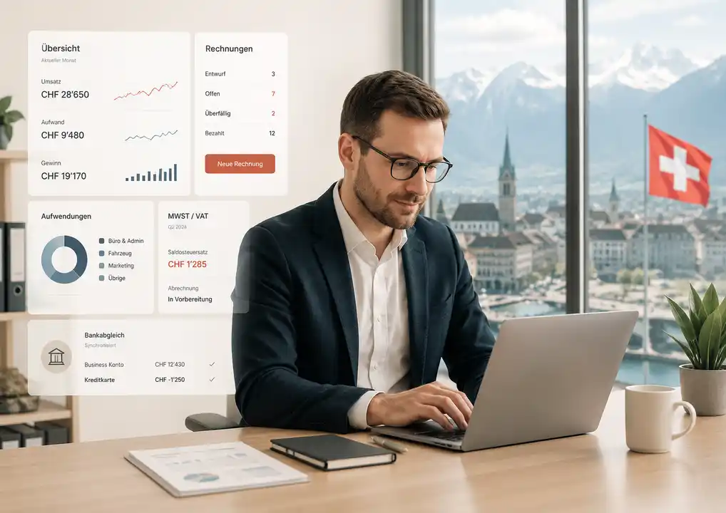 Buchhaltungssoftware Schweiz mit Dashboard für Rechnungen, MWST und Bankabgleich