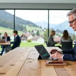 Professionelle Frau arbeitet im modernen Zürich Büro mit Alpenpanorama