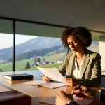 Mann arbeitet in modernen Schweizer Büro bei goldenem Licht