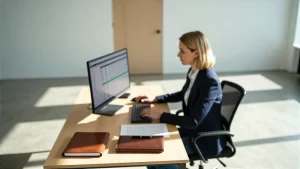 Realistisches Bild: Fachkraft analysiert Finanzdaten im Büro