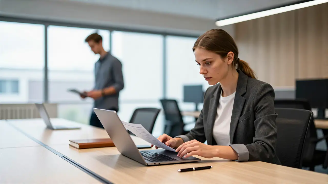 Professionelle arbeitet in minimalistischem Zürich Büro