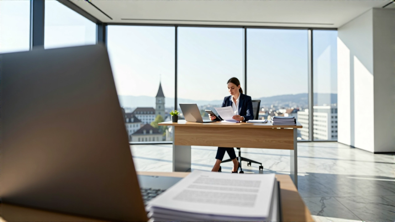 Minimalist Schweizer Büro mit Frau und Zürichblick