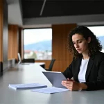 Realistische Frau im minimalistischen Schweizer Büro