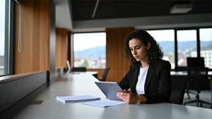Realistische Frau im minimalistischen Schweizer Büro