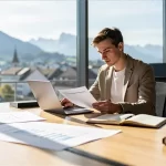 Gründer arbeitet in modernem Büro mit Alpenblick