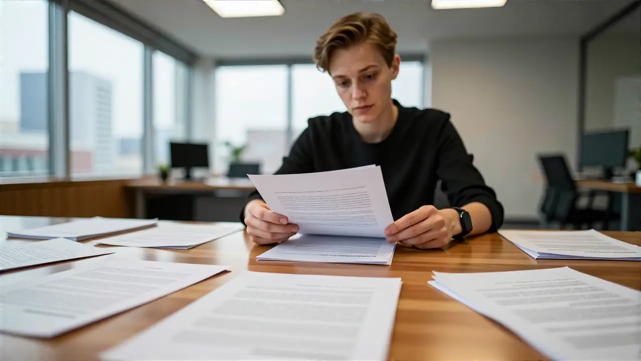 Realistischer Profi prüft Dokumente in modernem Büro