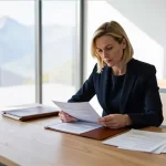 Realistisches Business-Porträt im modernen Büro mit Alpenblick