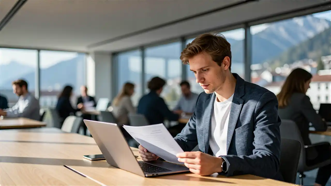 Schweizer Unternehmer in modernem Büro mit Alpenblick