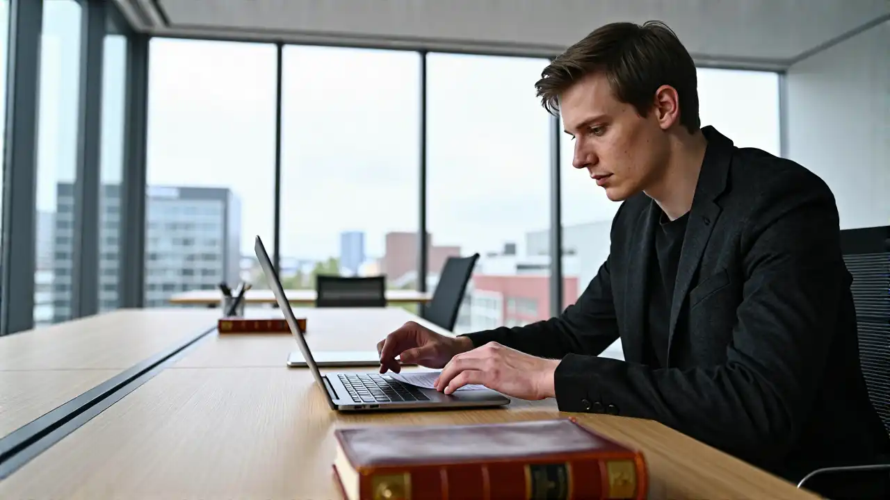 Hochrealistisches Schweizer Finanzbüro mit Stadtaussicht