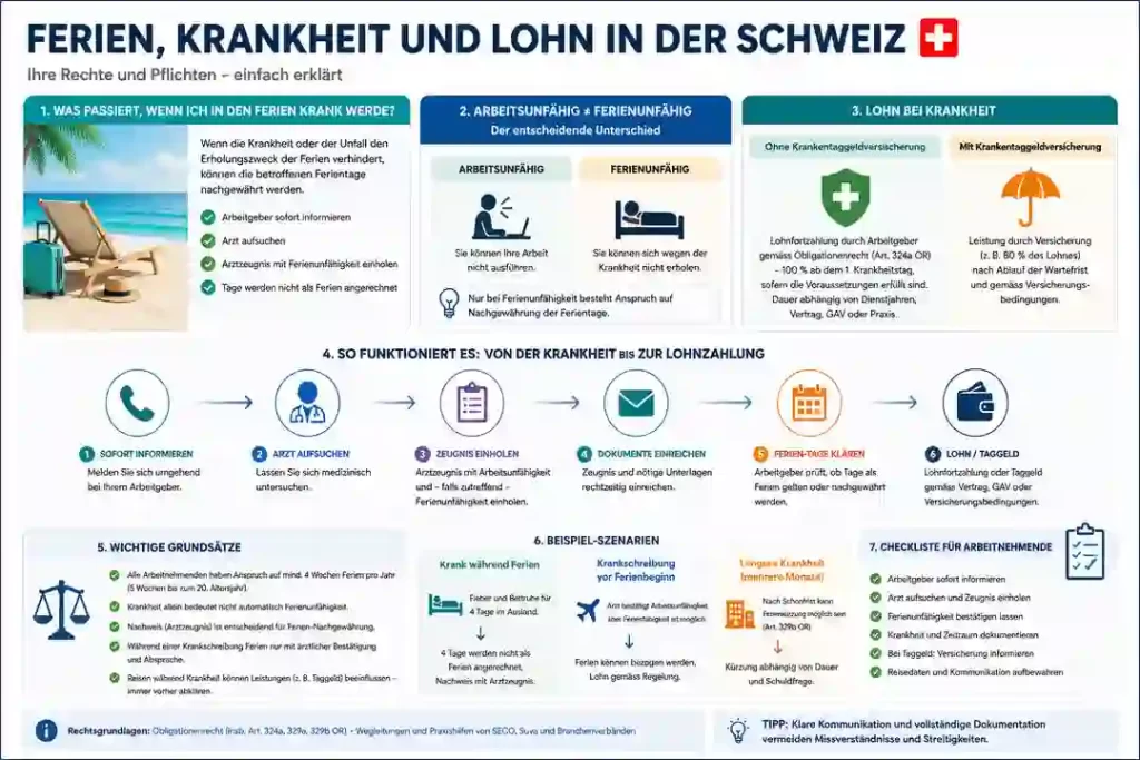 Infografik zu Ferien, Krankheit und Lohn in der Schweiz mit Arbeitsunfähigkeit, Ferienunfähigkeit und Lohnfortzahlung
