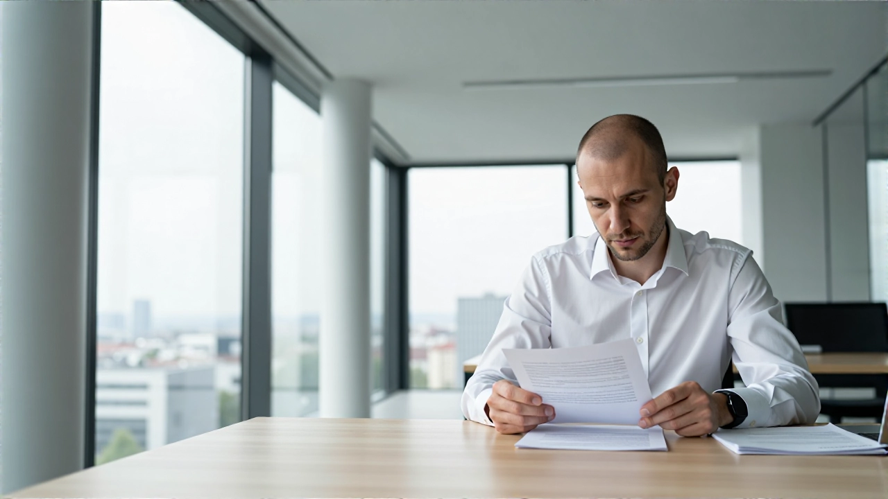 Minimalist Büro mit nachdenklichem Unternehmer am Schreibtisch
