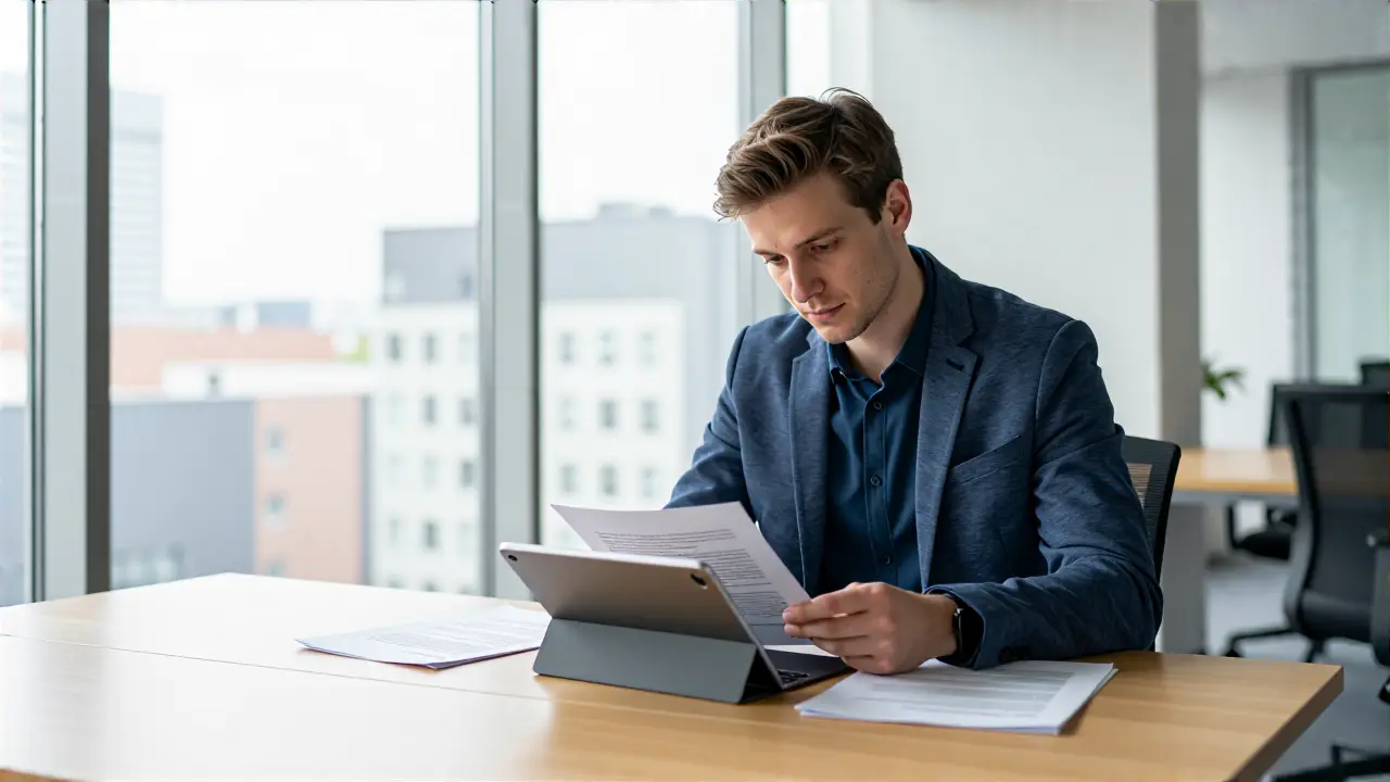 Hochrealistischer Jurist im modernen Architektur-Büro am Tablet