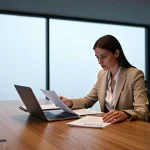 Minimalist Büro: Frau arbeitet am Mahagoni-Schreibtisch bei Tageslicht