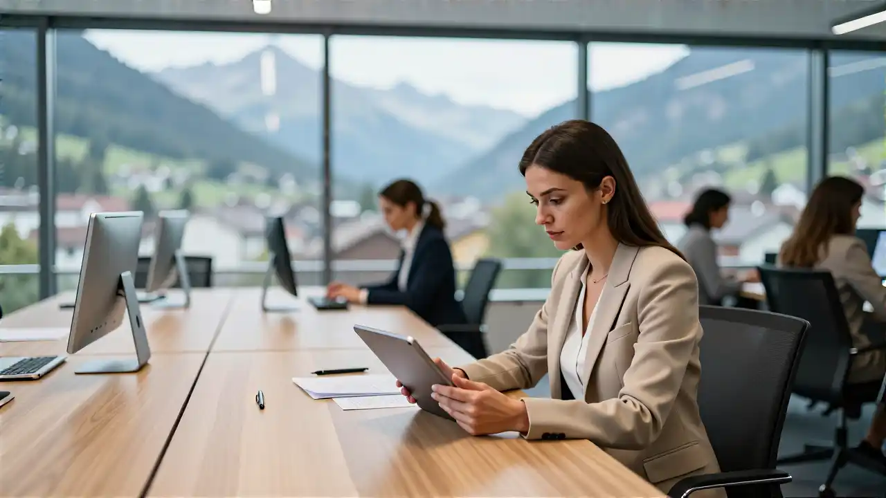 Minimalist Büro mit alpinem Blick und Geschäftsfrau
