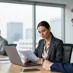 Minimalist Büro: Frau arbeitet am Laptop mit Stadtblick
