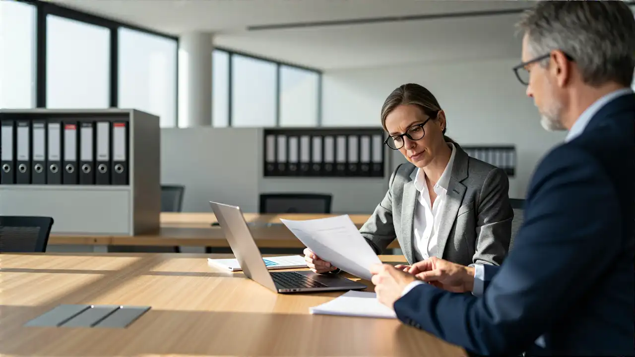 Minimalistische Büroführungskraft analysiert Finanzdaten im Schweizer Stil