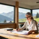 Alpine Büroarbeit im warmen Sonnenlicht mit Aussicht