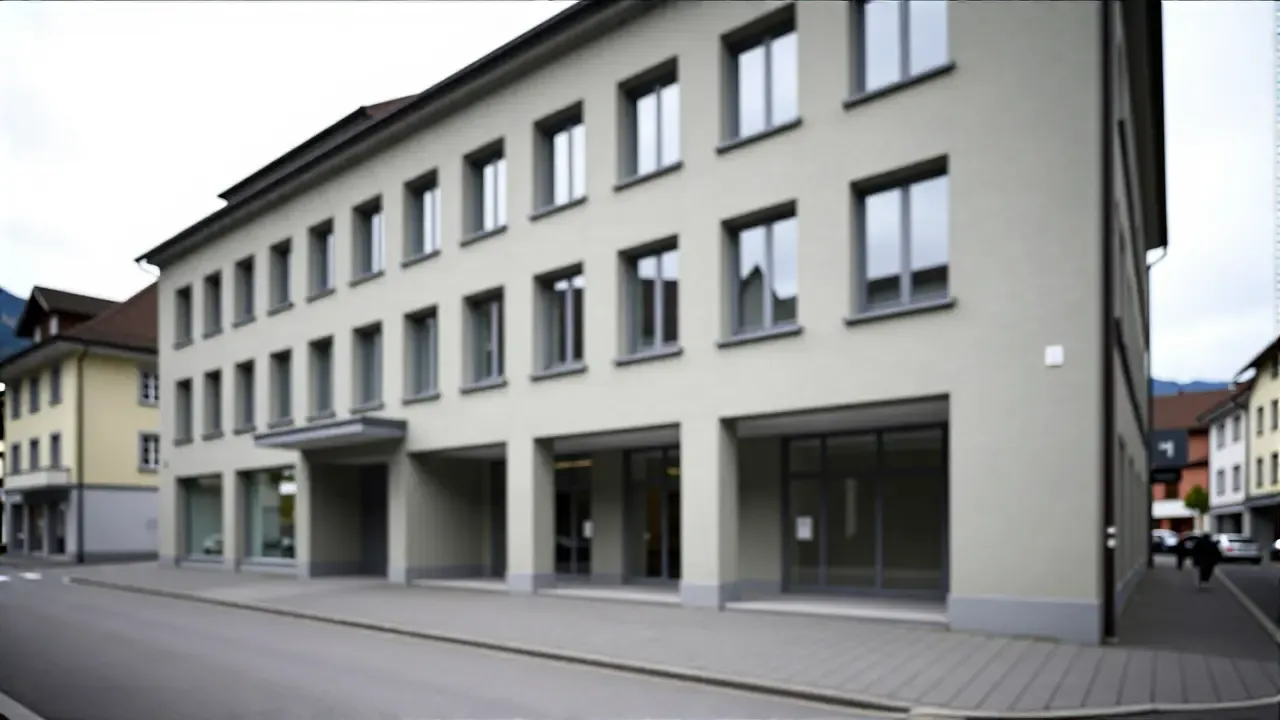 Schweizer Bürogebäude, Architekturaufnahme tagsüber