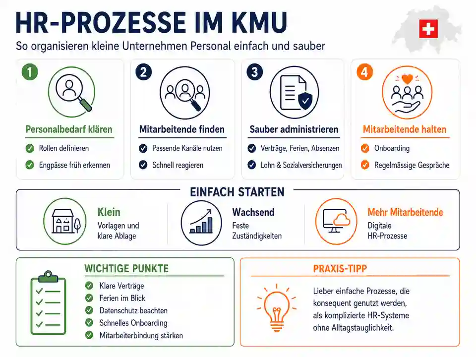 Infografik zu HR-Prozessen im KMU mit Schritten zur Personalbedarfsplanung, Mitarbeitersuche, Personaladministration und Mitarbeiterbindung in der Schweiz.