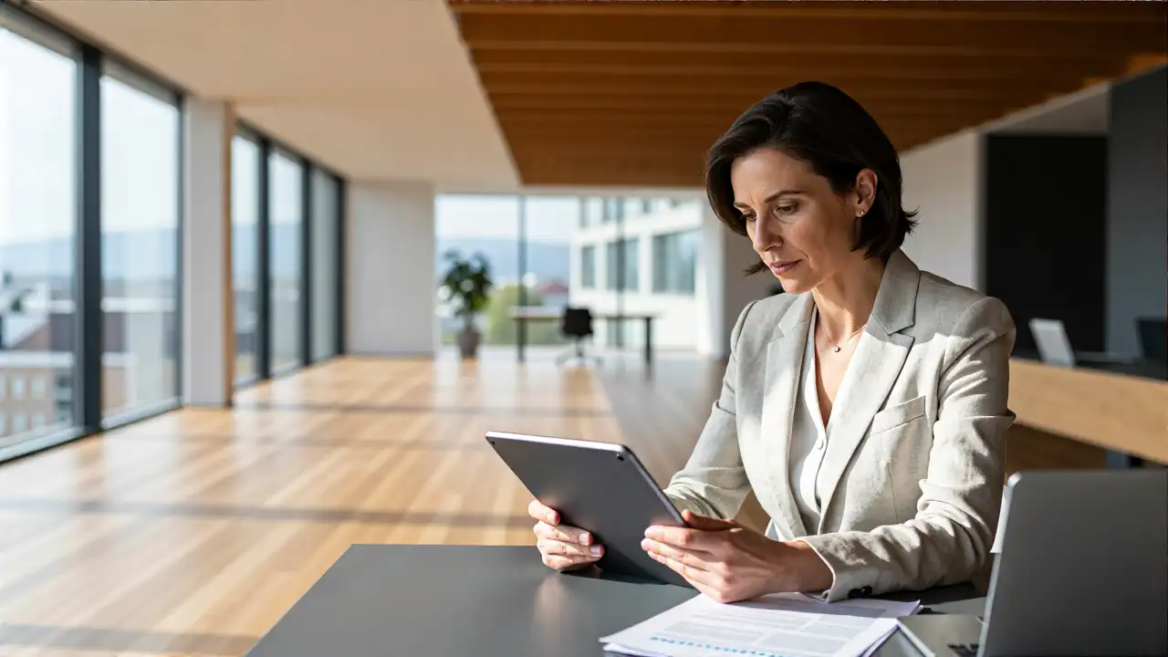 Minimalistische Zürcher Szene mit Businesswoman und Finanzdokumenten