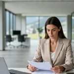 Realistischer Consultant in modernem Schweizer Büro mit Alpentiefe