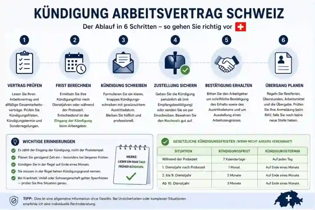 Infografik zur Kündigung des Arbeitsvertrags in der Schweiz mit 6 Schritten: Vertrag prüfen, Frist berechnen, Kündigung schreiben, Zustellung sichern, Bestätigung erhalten und Übergang planen.