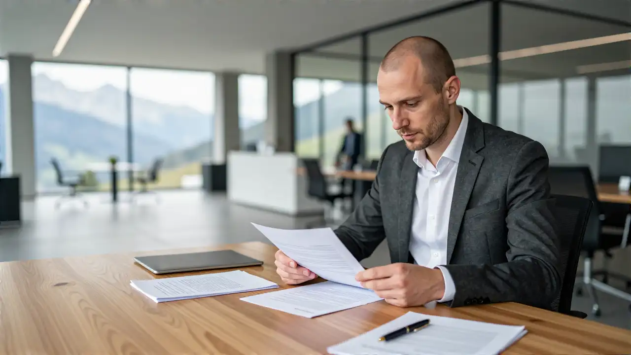 Modernes Büro: Geschäftsmann am Tisch mit Alpenblick